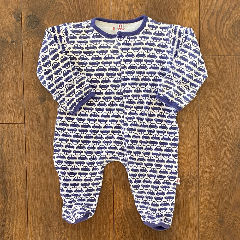E=MC2 Magnetic Closure Blue and White Car Print One Piece Footie size 3 months